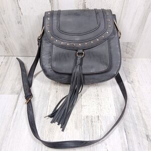 Franco Sarto Black Faux Leather Crossbody Bag with Tassel and Gold Stud Details